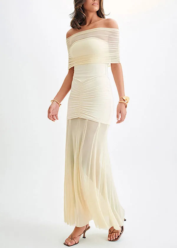 French White Wrinkled Patchwork Tulle Strapless Long Dresses Summer