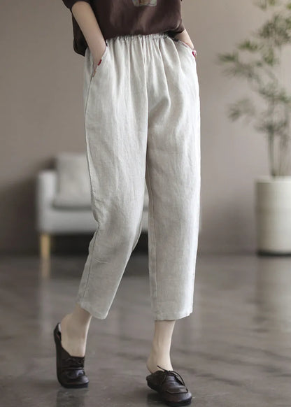 Black Tpatchwork Elastic Waist Linen Crop Pants