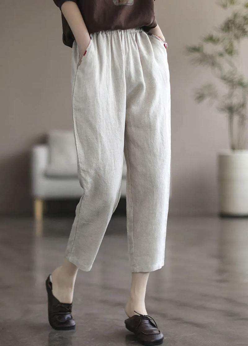 Black Tpatchwork Elastic Waist Linen Crop Pants