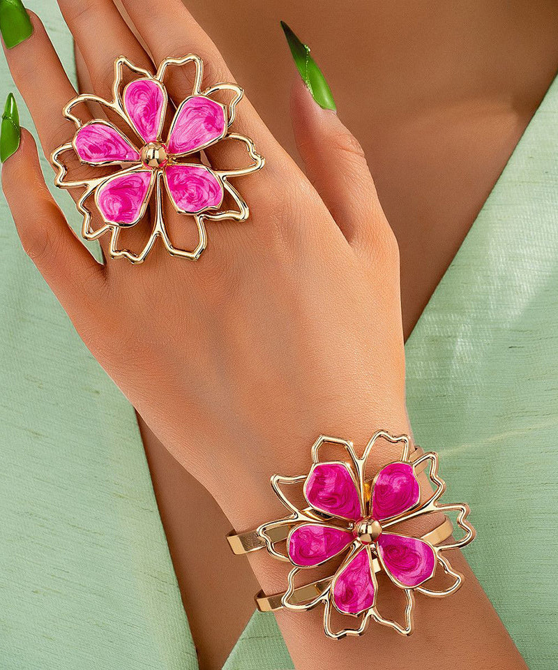 Original Design Pink Alloy Drip Glaze Cuff and Rings Two-piece Set