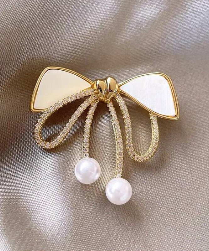 Gold Sterling Silver Alloy Zircon Bow Pearl Brooches