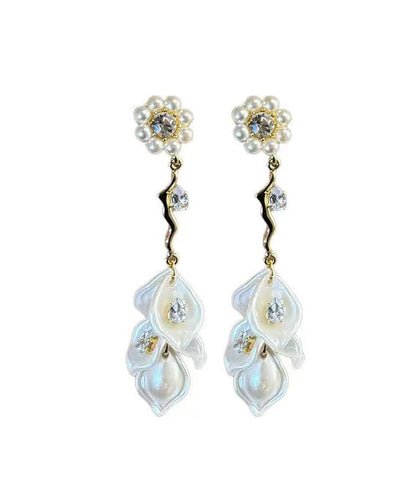Gold Alloy Zircon Pearl Tassel Drop Earrings