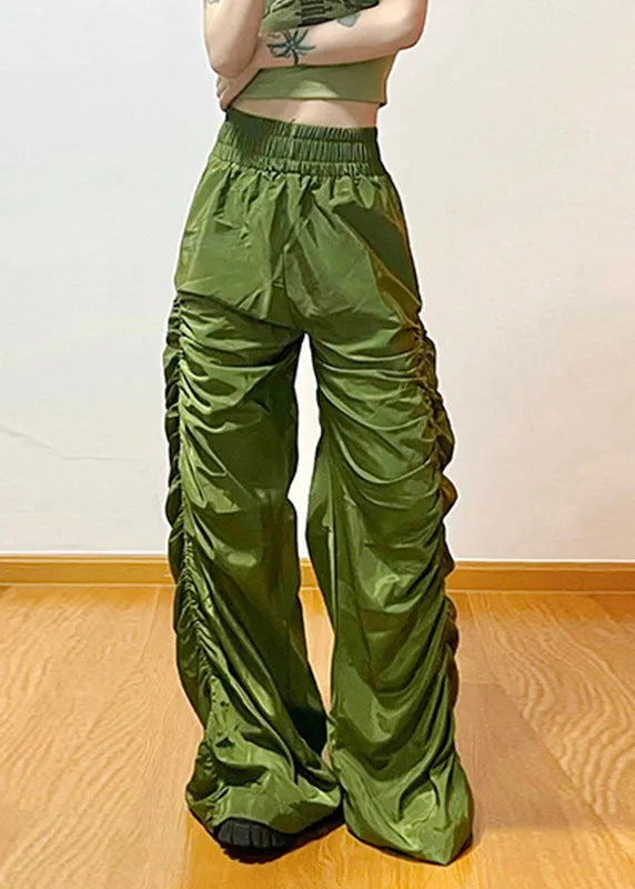 Black Elastic Waist Wrinkled Straight Pants Summer