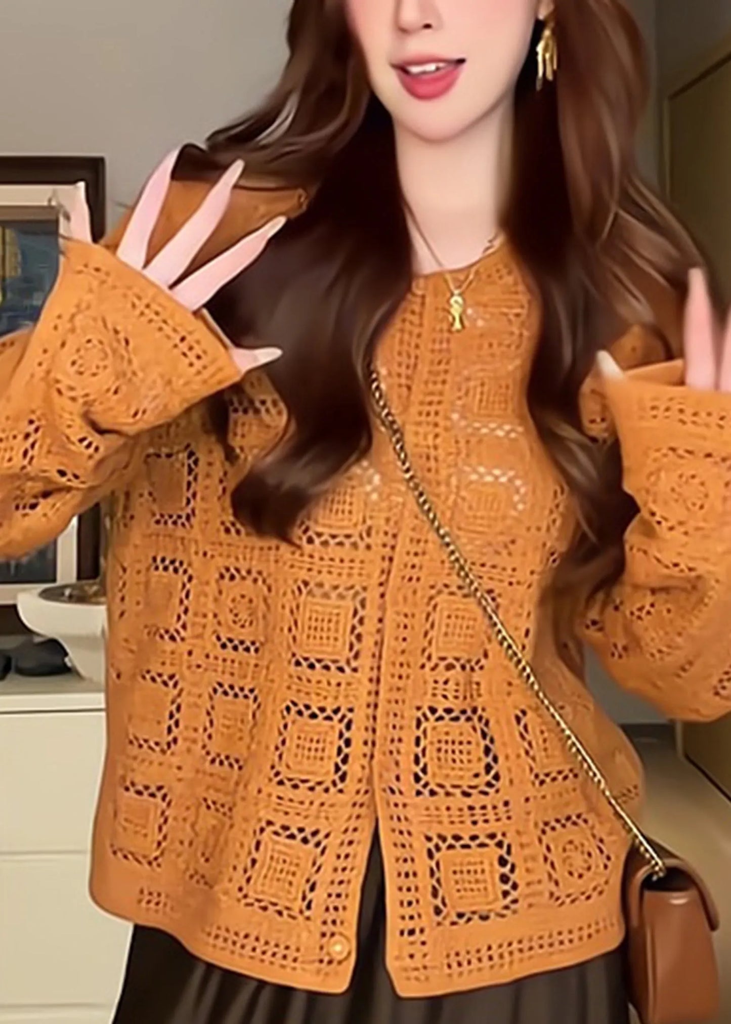 Stylish Orange O-neck Cotton Knit Cardigans Long Sleeve