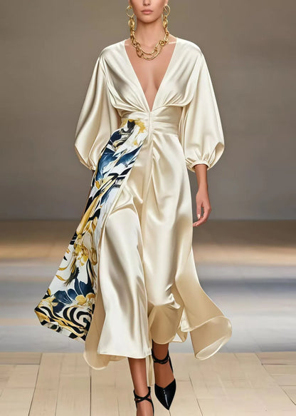 Diy Champagne Deep-v Neck Print Silk Party Dresses Bracelet Sleeve
