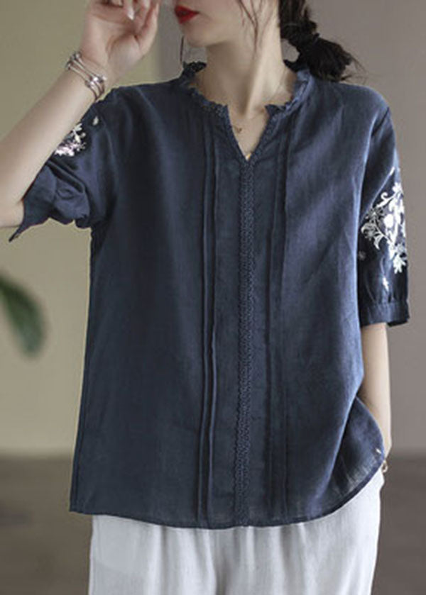Navy Baggy Linen Blouses Wrinkled Embroidered Short Sleeve