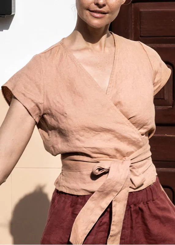 Modern Pink V Neck Lace Up Linen T Shirt Top Summer