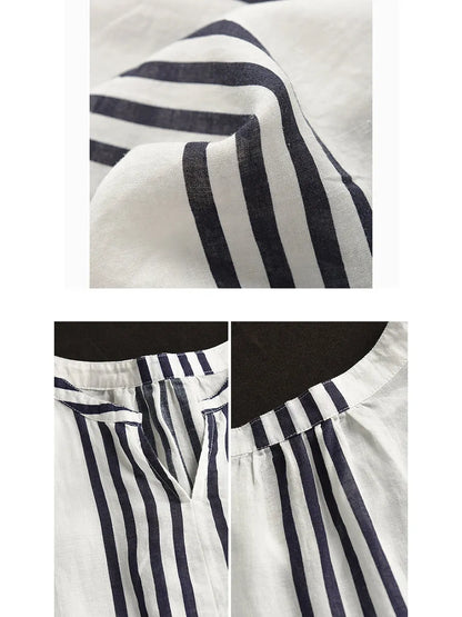 Summer Artsy Stripe V-neck Thin Linen Shirt