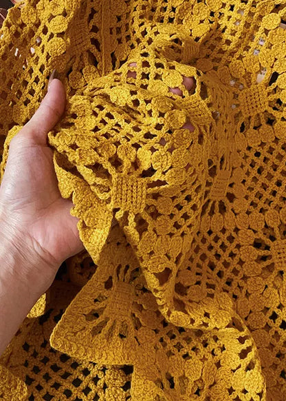 Art Yellow Hollow Out Cozy Knit Sweater Flare Sleeve