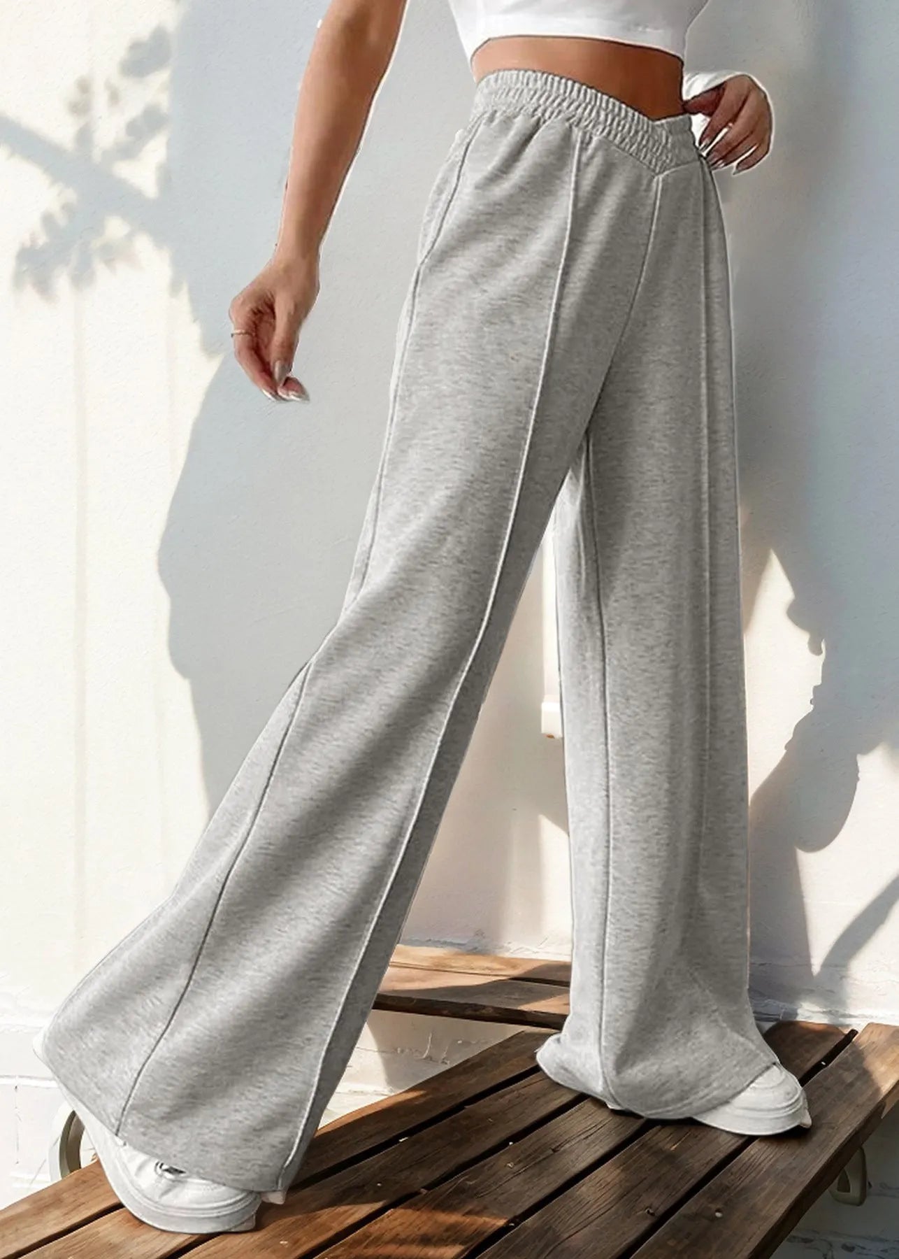 Loose Light Grey Elastic Waist Cotton Pants Spring