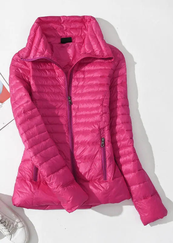 Italian Navy Stand Collar Zip Up Pockets Patchwork Duck Down Jacket in Winter
