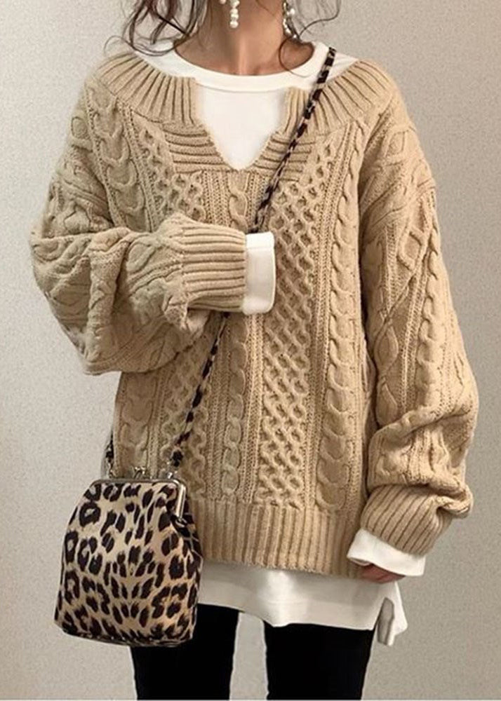 Simple Coffee V Neck Cozy Cable Knit Sweaters Fall
