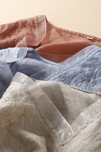 Summer Short Sleeve Shirt Embroidered Linen Tops