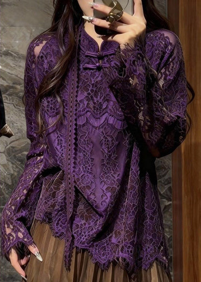 Purple Mandarin Collar Hollow Out Lace Blouses Spring