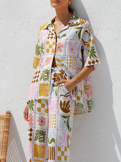 Multicolor Printed Holiday Style Top Wide Leg Pants Suit
