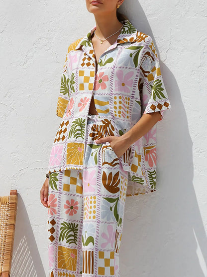 Multicolor Printed Holiday Style Top Wide Leg Pants Suit