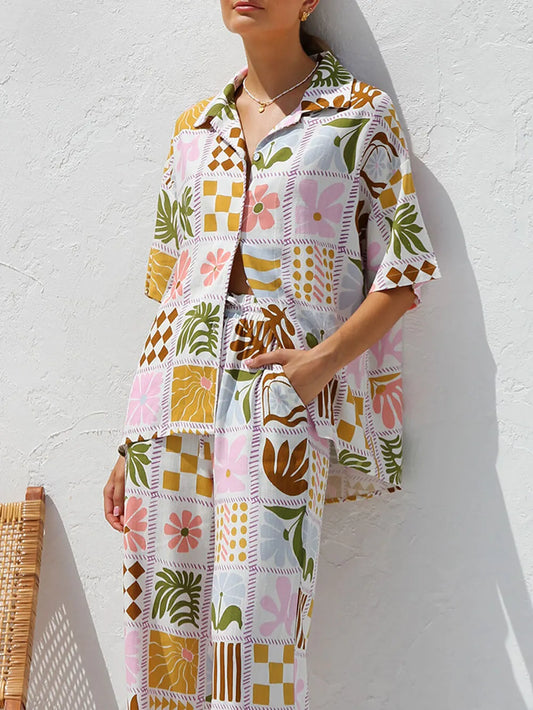 Multicolor Printed Holiday Style Top Wide Leg Pants Suit