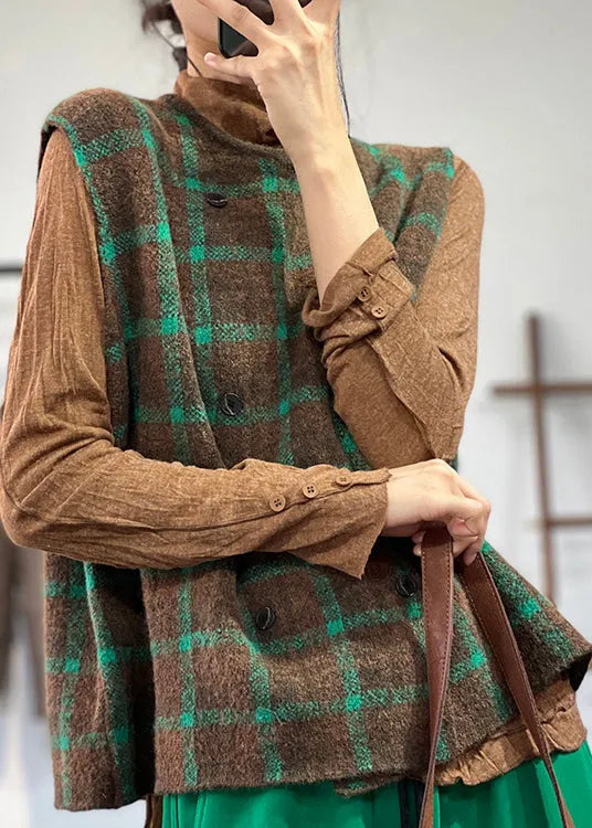 Loose Coffee Green O Neck Plaid Knit Vest Sleeveless