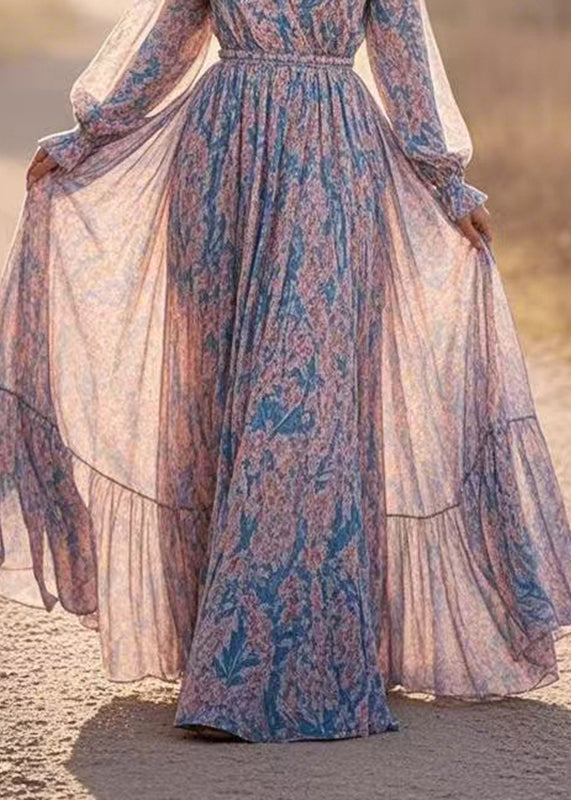Blue Patchwork Tunic Chiffon Long Dresses Lantern Sleeve