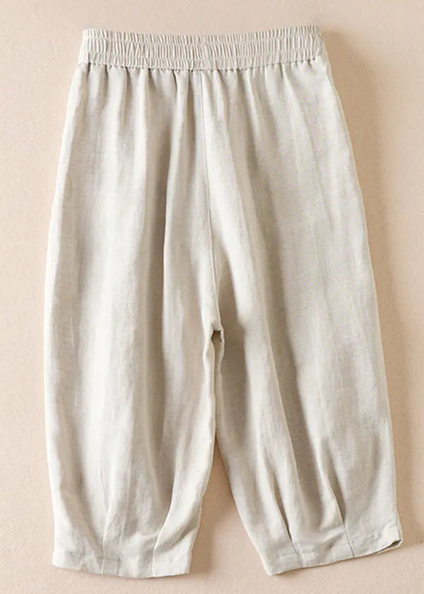 Beige Pockets Wrinkled Elastic Waist Cotton Shorts Summer