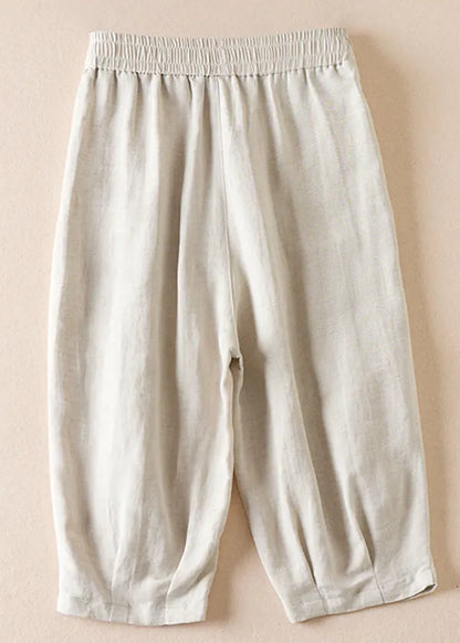 Beige Pockets Wrinkled Elastic Waist Cotton Shorts Summer