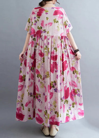 Rose O-neck Print Wrinkled Maxi Dresses Short Sleeve