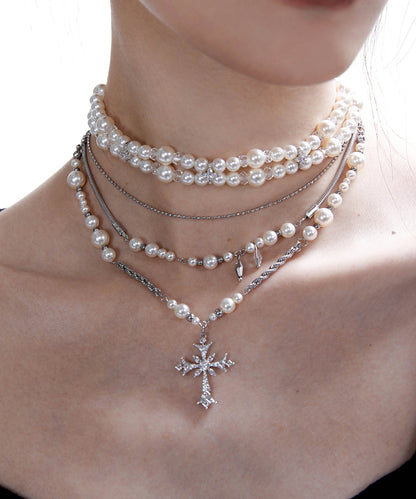 Pearl Cross Two Piece Set Alloy Layering Pendant Necklace