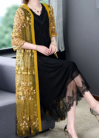 Yellow Patchwork Tulle Cardigans Hooded Embroideried Wrinkled Summer