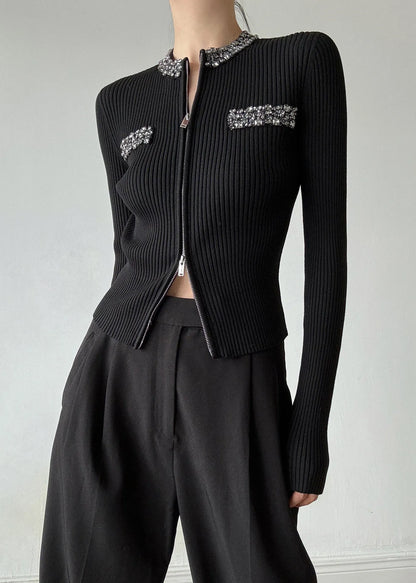 Stylish Black O-neck Zip Up Zircon Wool Cardigans Spring