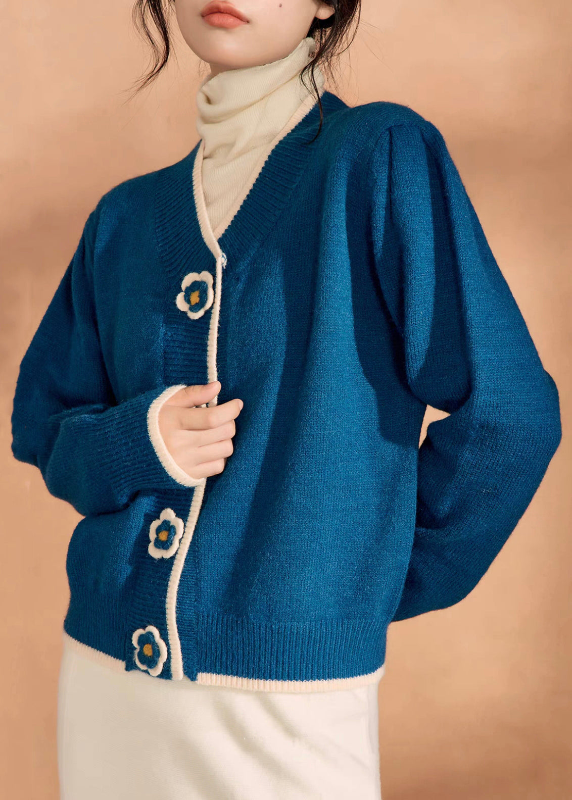 Blue V Neck Knit Short Sweater Winter