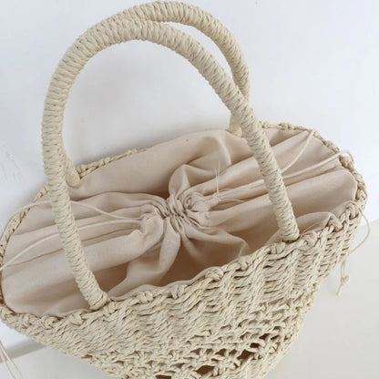 Summer New Hot Basket Woven Straw Braided With Top Handle Handbags Shopping Party Bucket Clutch