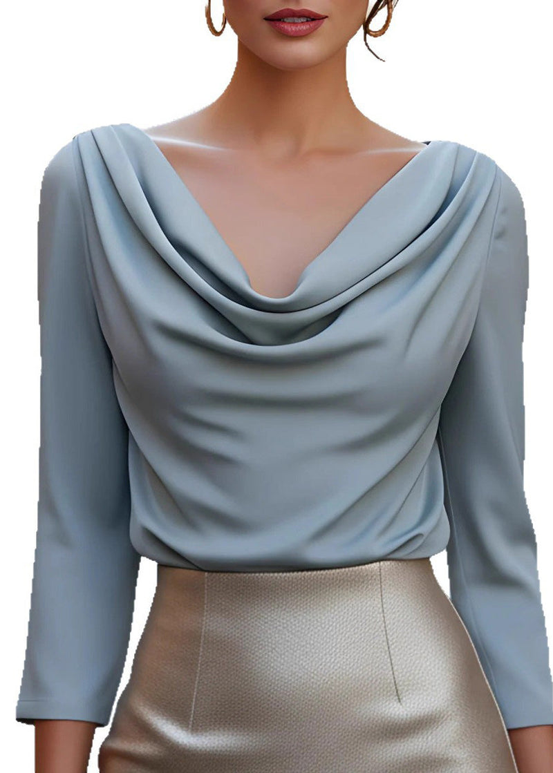 Light Blue Draped Neckline Silk Top Spring