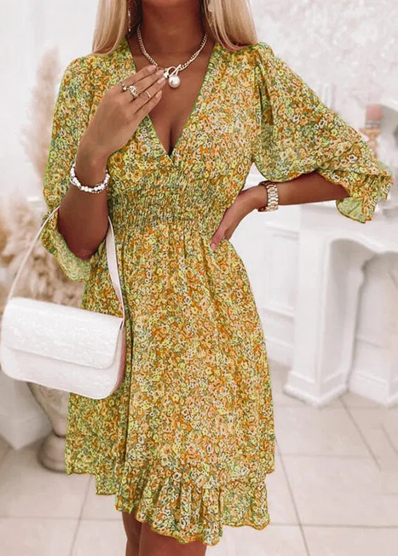 Red V Neck Print Ruffled Chiffon Mid Dresses Summer