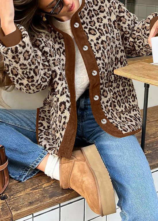 Stylish Leopard O Neck Pockets Fleece Wool Lined Jacket Fall