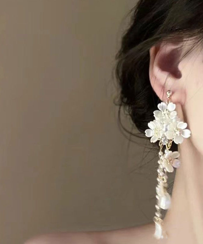 Diy White Alloy Pearl Tassel Drop Earrings