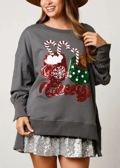 Grey O Neck Sequins Cotton Christmas Sweatshirt Winter