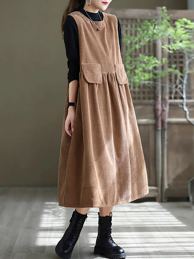 - Corduroy Pocket Sleeveless Pinafore Dress