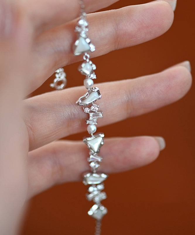 White Natural Freshwater Pearl Mother of Pearl Zircon Adjustable Silver Bracelet