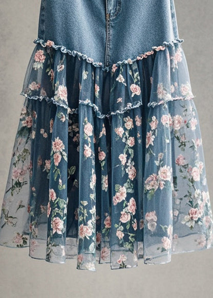 Pink Flower Print Patchwork Tulle Denim Skirt Fall