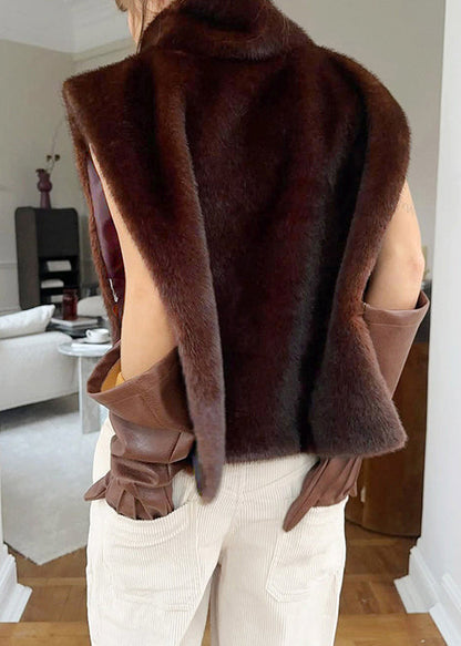 Fine Coffee Turtleneck Side Open Fluffy Waistcoat Sleeveless