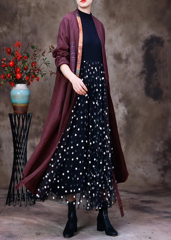 Handmade Purple V Neck Embroideried Patchwork Tie Waist Linen Cardigans Half Sleeve
