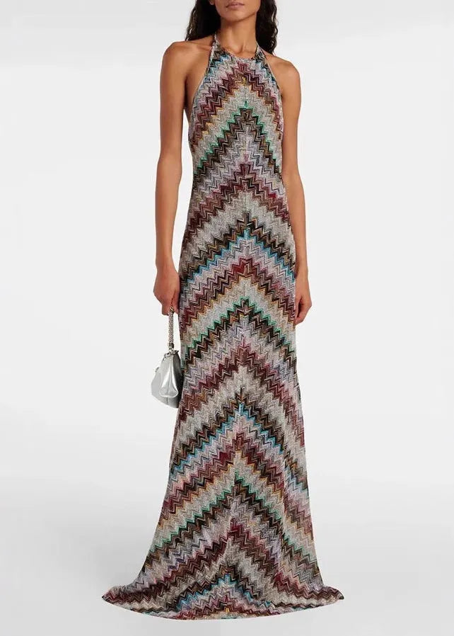 European and American Style Halter Backless Striped Knit Long Dresses Sleeveless