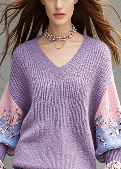 Lavender V Neck Patchwork Knit Shirts Flare Sleeve