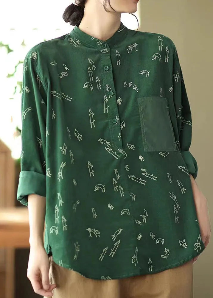 Green Stand Collar Print Patchwork Corduroy Blouses Spring