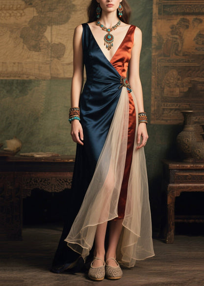 Boutique Colorblock Asymmetrical Patchwork Tulle Cami Dress Summer