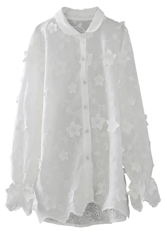 French White Peter Pan Collar Embroidered Button Cotton Shirts Long Sleeve