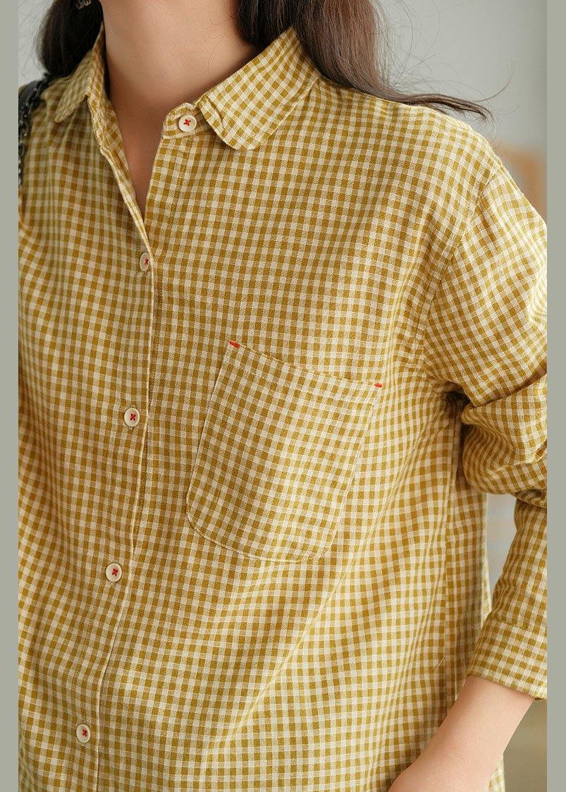 Yellow Plaid Retro Pockets Fall Long Sleeve Blouse Top