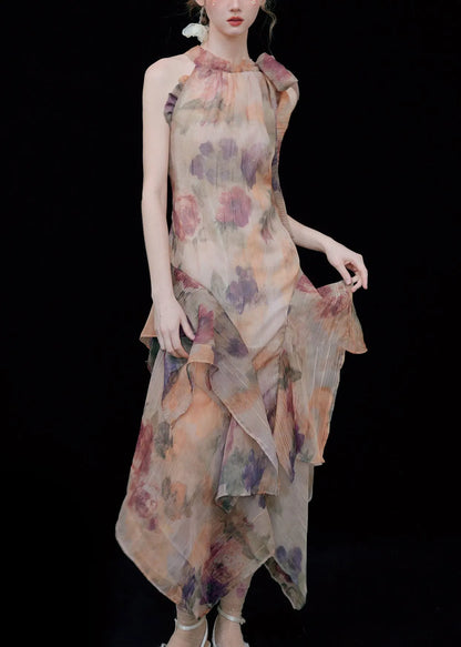 Novelty Print Ruffled Lace Up Cotton Long Dresses Sleeveless