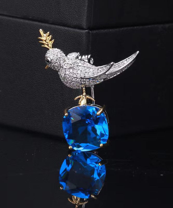 Blue Copper Zircon Gem Stone Little Bird Brooches