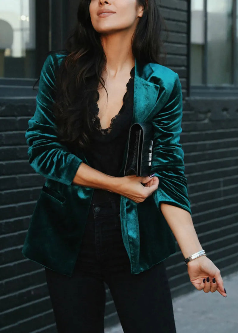 Blackish Green Notched Pockets Velvet Suit Coat Fall